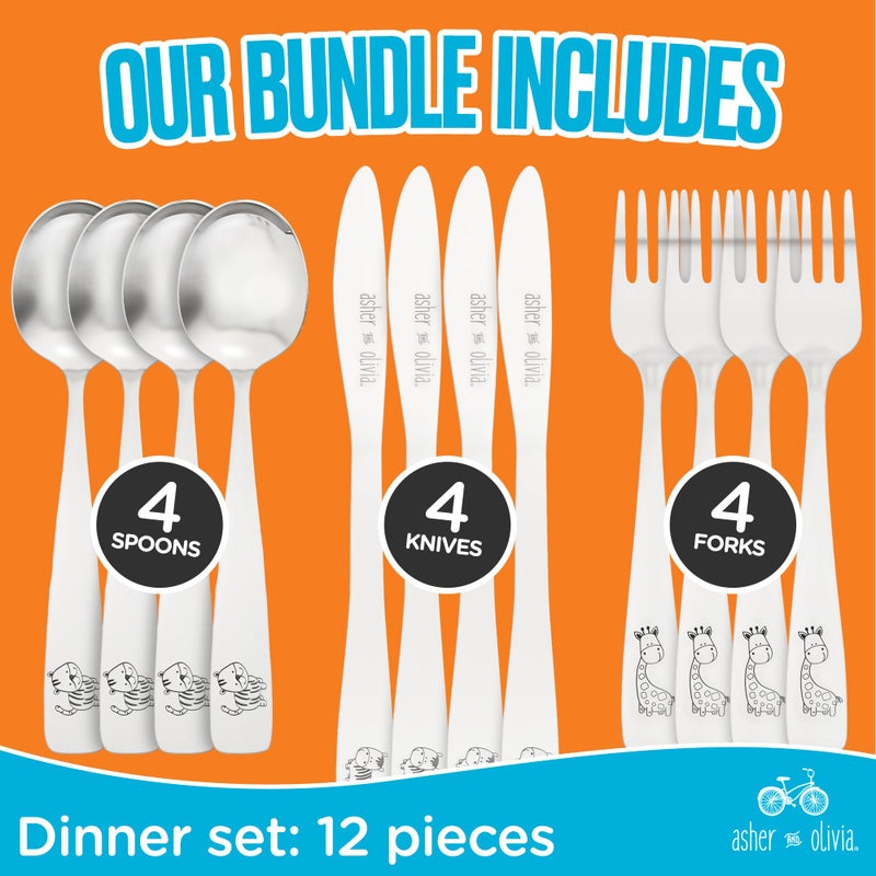 Asher and Olivia Kids Utensils Silverware Set â€“12-Piece Toddler Silverware Includes 4 Forks 4 Spoons and 4 Kid-Friendly Knives - Cutlery Metal Flatware Set for Preschooler Baby Child - Image 2
